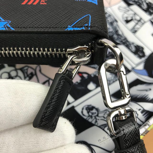 prada錢包 普拉達2020最新款限量版拉鏈錢夾 2ML028 Prada鯨魚圖案黑色長錢包  pyd2408